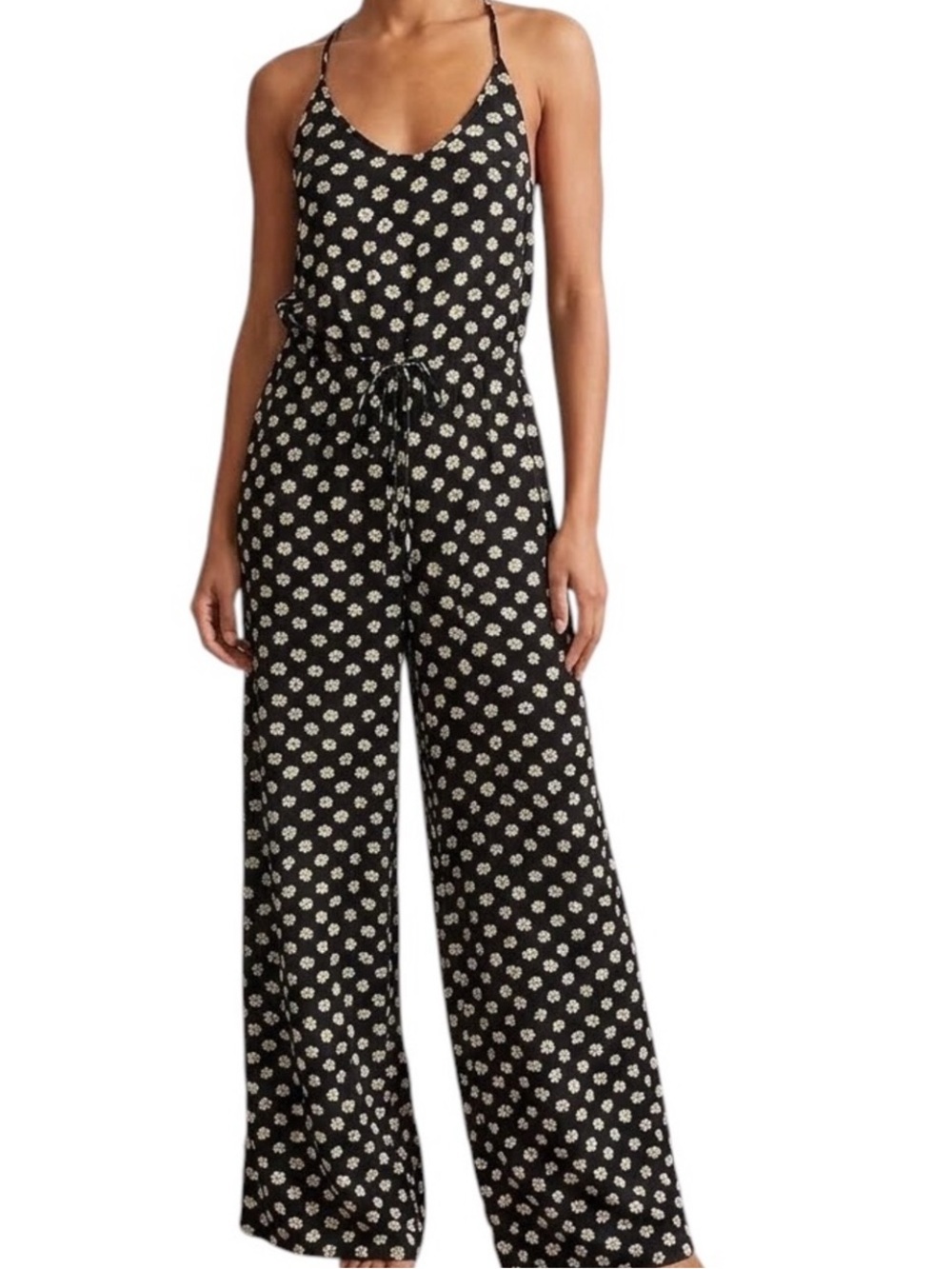 Peach Daisy Slip Jumpsuit Black White Wide-Leg Drawstring Jumpsuit Size S